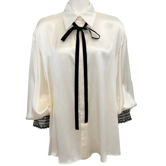 Prune Goldschmidt Ecru Silk Blouse with Black Lace Cuffs - Picture 1 of 4
